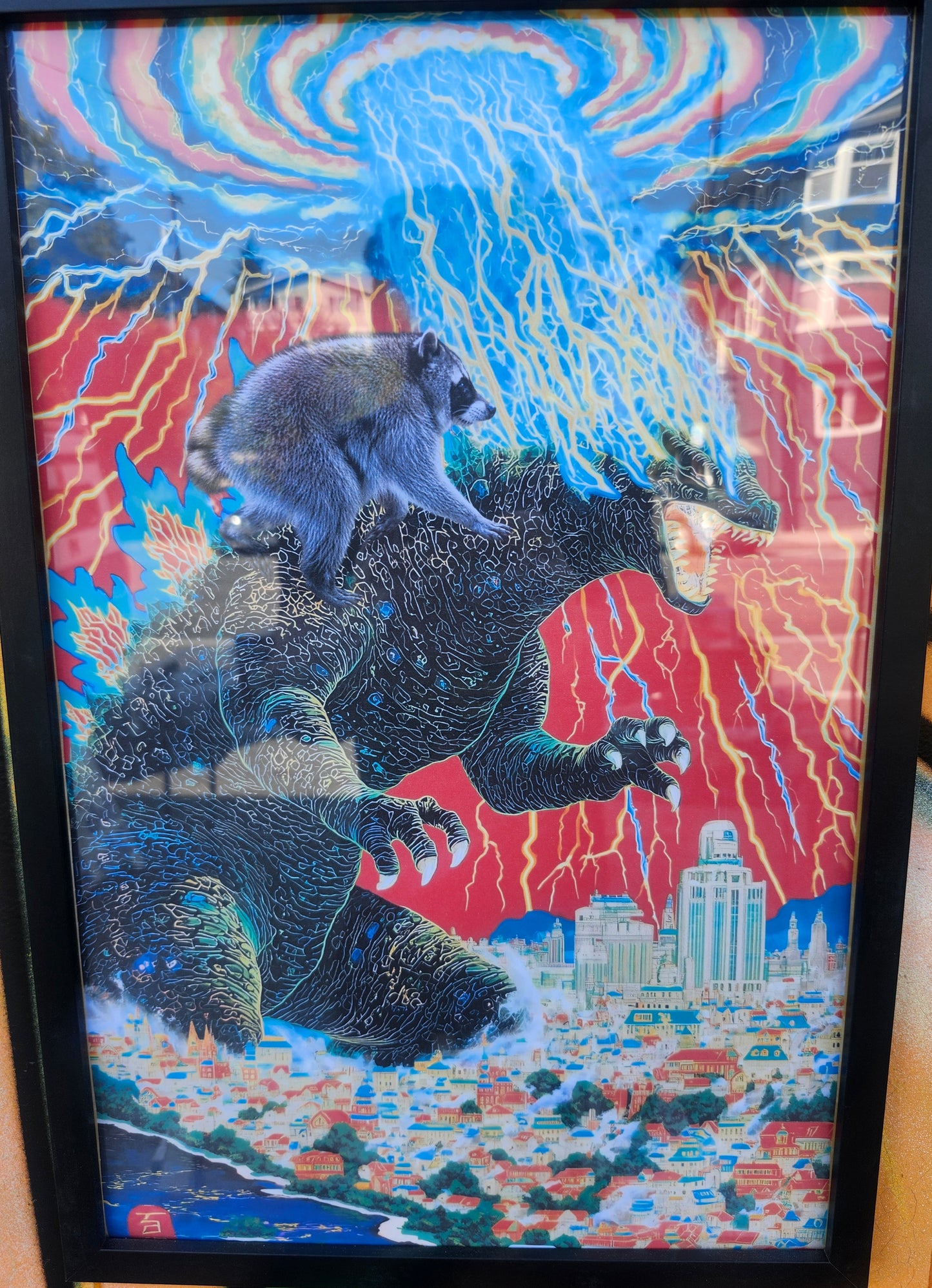 Jimothy meets godzilla framed print